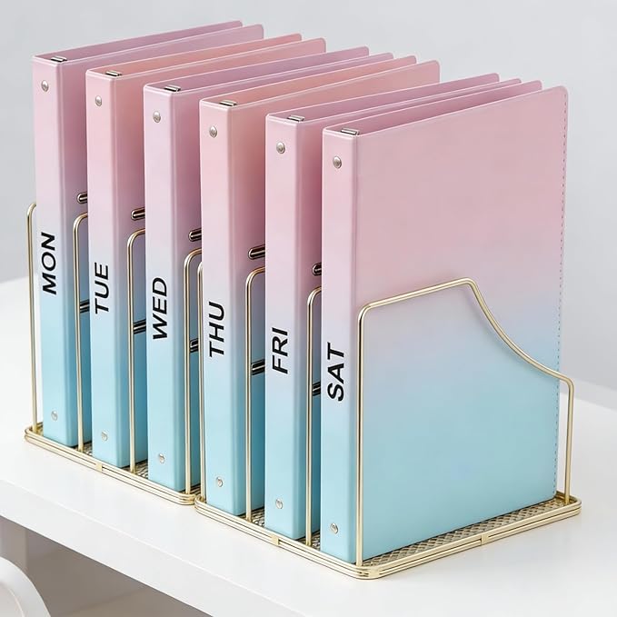 Simmer Stone 2-Pack Gold Metal File Organizer with Mesh Bottom - Vertical Magazine, Mail & Paper Sorter - 3-Slot Wire Rack for Office, Binders, Makeup Palettes - Aesthetic Desk Organizer
