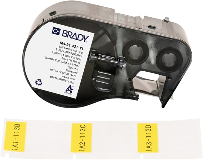 Brady Self-Laminating Vinyl Pre-Sized Labels for Label Printer BMP41/BMP51/BMP53/M511-180 Self Adhesive Printer Labels - Black on Yellow, Transparent (25,40 mm (W) x 38,10 mm (H)) - M4-91-427-YL