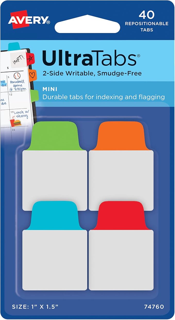 AVERY Mini Ultra Tabs, 1" x 1.5", 2-Side Writable, Assorted Primary Colors, 40 Repositionable Tabs (74760)