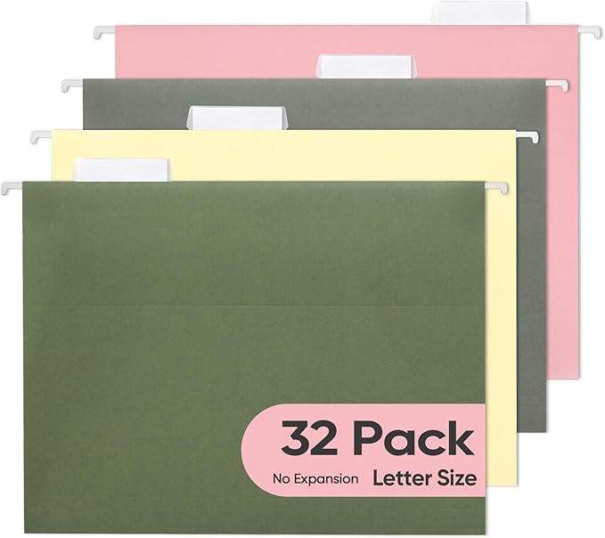 BALEINE 32PK Hanging File Folders, Letter Size Hanging Folders with 1/5-Cut Tabs for Filing Cabinets, File Boxes (32PK, Letter Size)