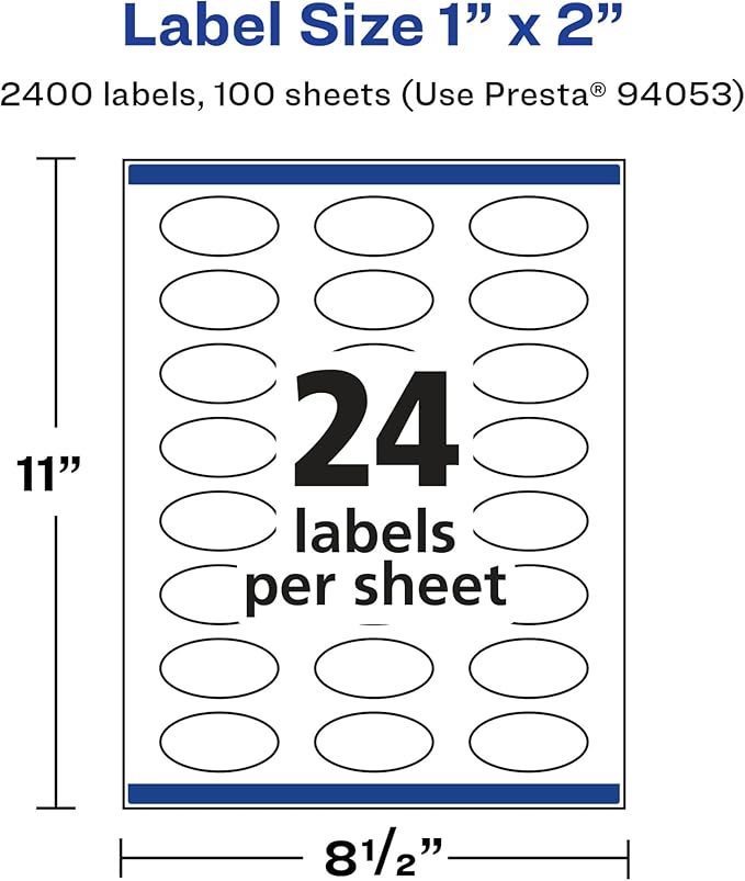Avery Glossy White Oval Labels, Sure Feed Technology, 1" x 2", 2,400 Glossy White Labels, Print-to-The-Edge, Permanent Adhesive, Laser/Inkjet Printable