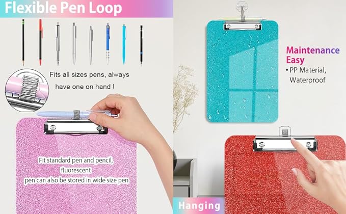 Sparkly Clipboard with Pen Holder, Clear Plastic Glitter Clip Board, Hanging Shiny Clipboards with Low Profile Metal Clip, Letter A4 Size for Taecher Women Office School (Clear Pink)