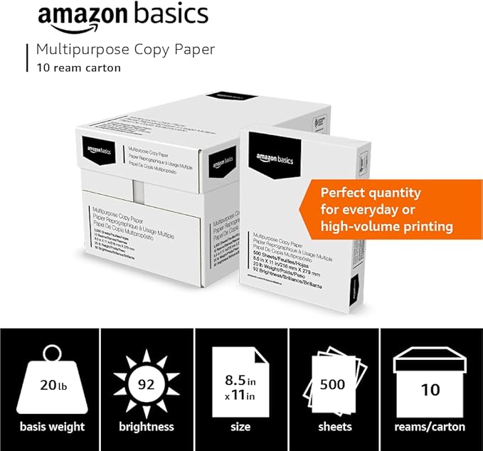 Amazon Basics Multipurpose Copy Printer Paper, 20 lb, 8.5 x 11 Inches, 10 Reams (5,000 Sheets), 92 Bright White