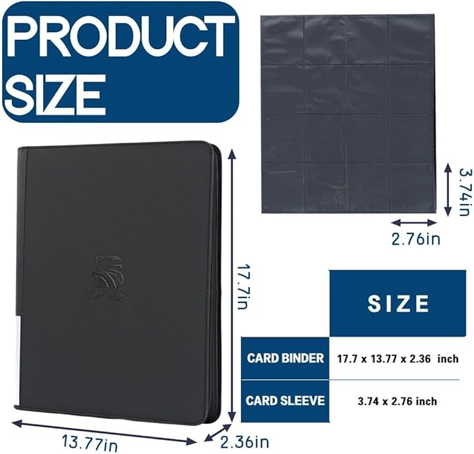 16 Pocket Trading Card Binder,Zipper Card Holder Album Holds up to 1408 Cards with 44 Sleeves, Label Design，Card Collection Binder for TCG Card/Game Cards/Sports Card -Black