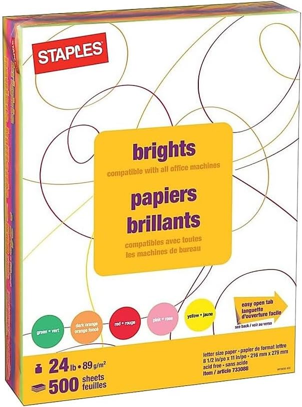 Staples Brights Multipurpose Paper 8.5 x 11 Inch 24 lb Assorted Color Sheets, 500 Ream