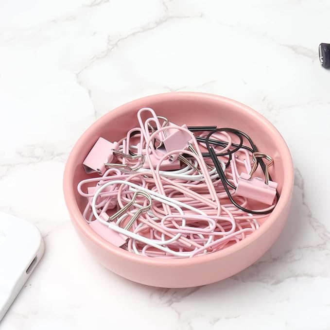 2pcs Ceramic Paper Clip Holder Set Round and Square Paper Clips Dispenser Kit Cute Pink Bowl and Plate for Desk Organizer Accessories and Home School Office Supplies (Pink)