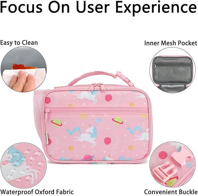 Insulated Lunch Box for School, Thermal Reusable Durable Freezable Lunch Bags for Kids Boys Girls Men Women - Small Soft Cooler Portable Lunch Tote Kit for Work Picnic Travel,Pink Unicorn