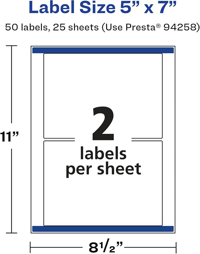 Avery Glossy White Rectangle Labels, Sure Feed Technology, 5" x 7", 50 Glossy White Labels, Permanent Adhesive, Laser/Inkjet Printable
