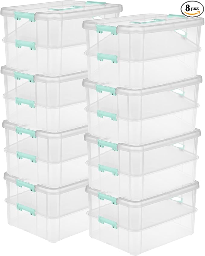 Sterilite 8-Pack Stack & Carry, 2 Layer Handle Box for Home & Office Storage - Clear Base & Lid with Color Latches, Organizer for Art & Craft Supplies, Sewing Tools or 8.5" x 11" Paper