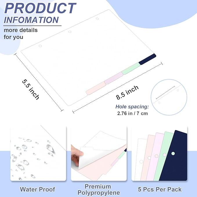 (5.5 x 8.5 inch) 15 Tab 3 Hole Punch Dividers with Tabs Disc Bound Dividers Junior Size discbound Notebook Accessories 5 Color for Office Meeting