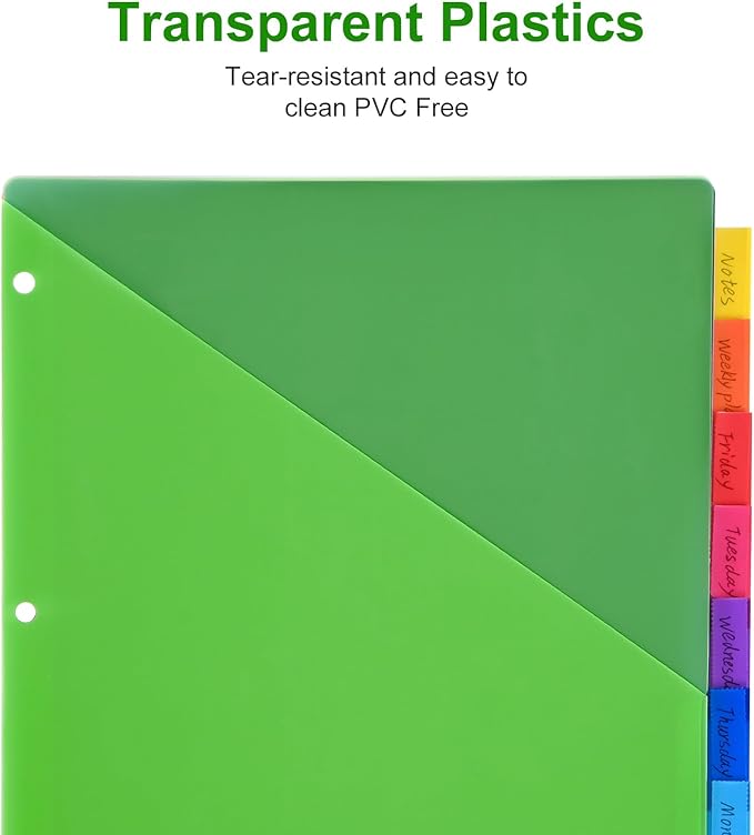 8-Tab Binder Dividers - Index Pockets Divider for 3 Ring Binders, 3-Hole Plastics Sheets Protectors for US Letter Size in 0.5'', 1'', 2'', 3 inch Binders, 8 Colors (XY004) (6 Packs)