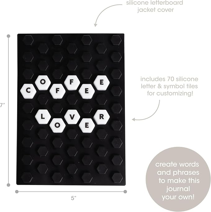 Pearhead Letterboard Composition Notebook, Customizable Silicone Cover Fidget Journal with Letters & Symbols, Lined Pages for Notes, School, Planning & Writing, Black & White
