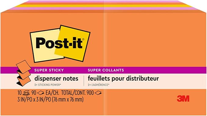 Post-it Super Sticky Dispenser Pop-up Notes, 10 Sticky Note Pads, 3 x 3 in., 2X The Sticking Power, New Year Organization or Second Semester School Supplies, Energy Boost Collection