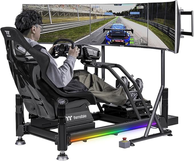 Thermaltake Triple Monitor Stand Pro; Up to (x3) 32" Curve or 34" Flat; Powder Coated Steel; 920mm-1120mm Height Range; VESA Mounting; Racing Simulator Compatible; Black; GSC-MSP-MDSLBB-01