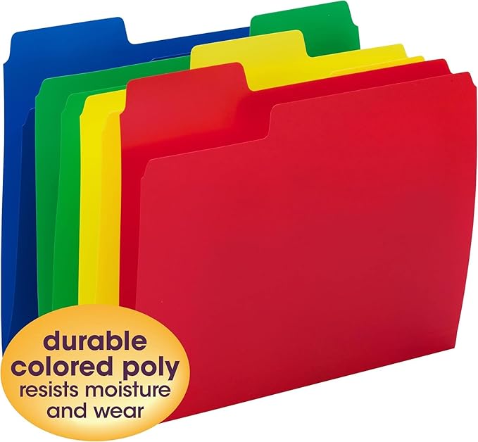 Smead File Folder, SuperTab Poly Plastic File Folders for Documents, 1/3-Cut Tabs, Letter Size, Assorted Primary Colors, Office Supplies, School Supplies, 48 Count, (10516)