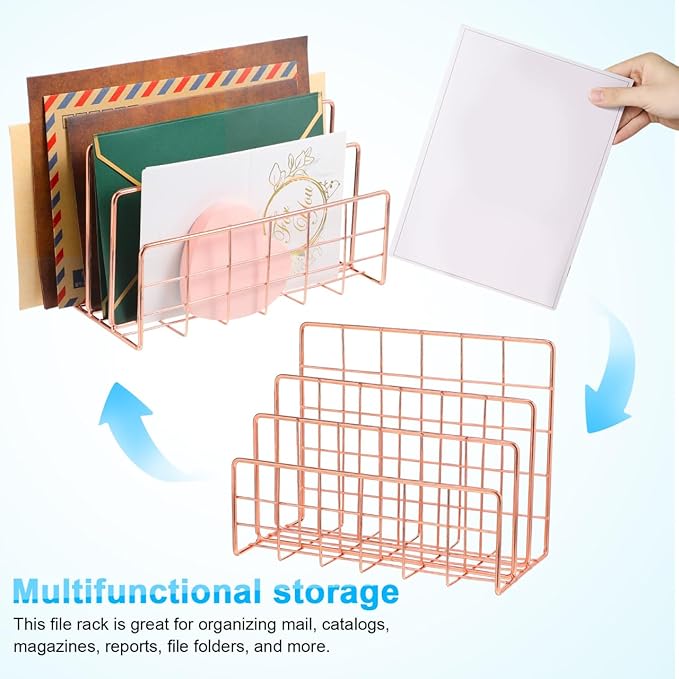File Holder for Desk: No Wobbling 3 Slots Magazine Holder Office Desktop File Sorter Organizer for Folders Binders, Rose Gold
