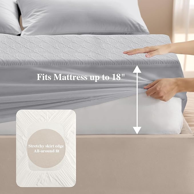 Full Size Mattress Protector, Waterproof Mattress Pad Washable Rayon Mattress Cover Breathable Noiseless Bed Protector 3D Patterns 5" - 21'' Elastic Fitted Deep Pocket(Light Grey)