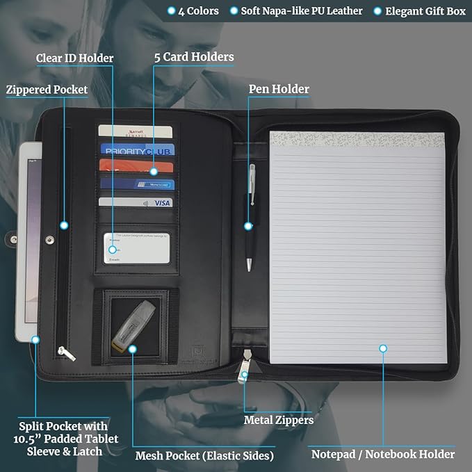 Customized Leather Portfolio Padfolio - Name/Logo Printed on Matt Black Personalized Faux Leather Business Portfolio Binder & Organizer Folder with 10.5 Inch Tablet Sleeve