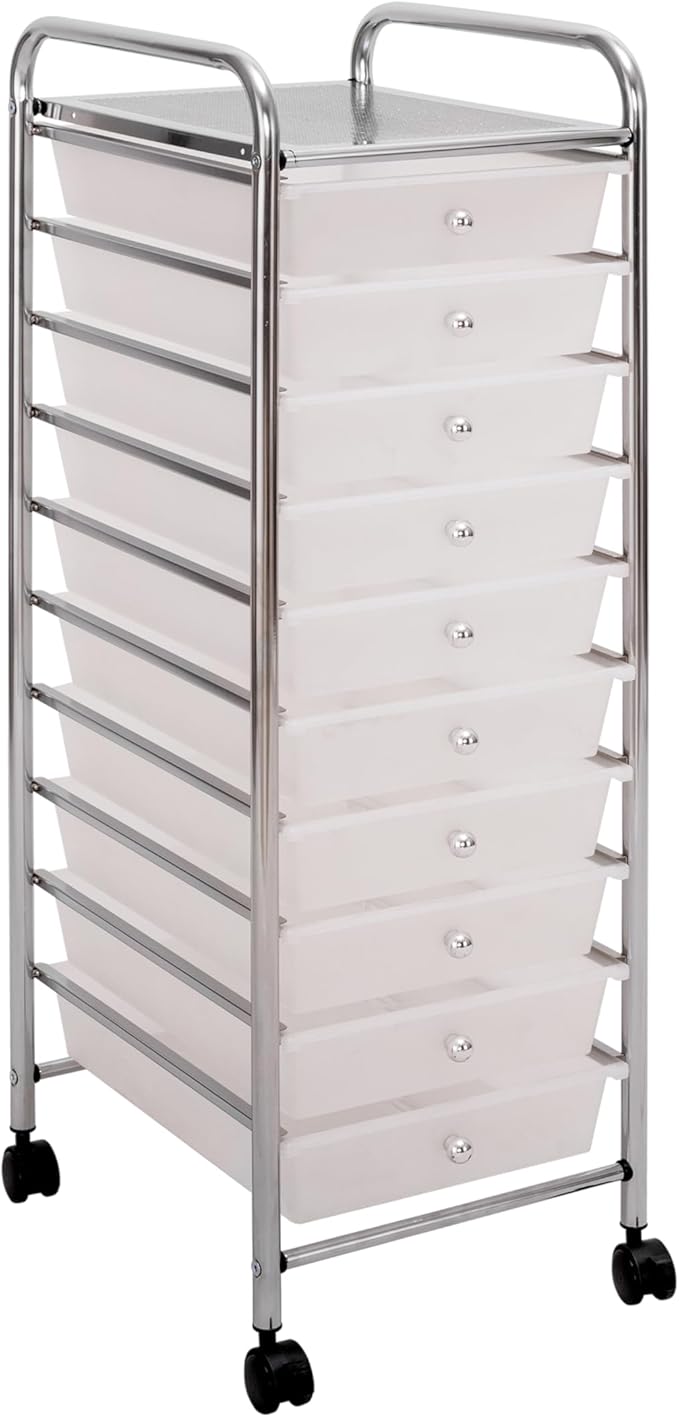 Seville Classics Rolling Utility Organizer Storage Cart, for Home Office, School, Classroom, Scrapbook, Hobby, Craft, 10 Drawer, Frost White