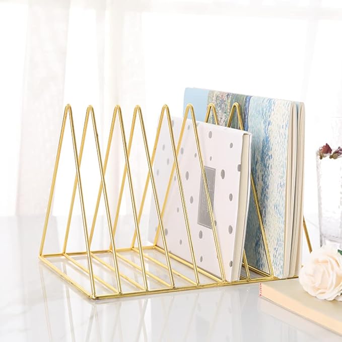 Sooyee 2 Pack 9 Slot Gold Magazine Holder,Desktop File Sorter Organizer Triangle Bookshelf Decor Home Office