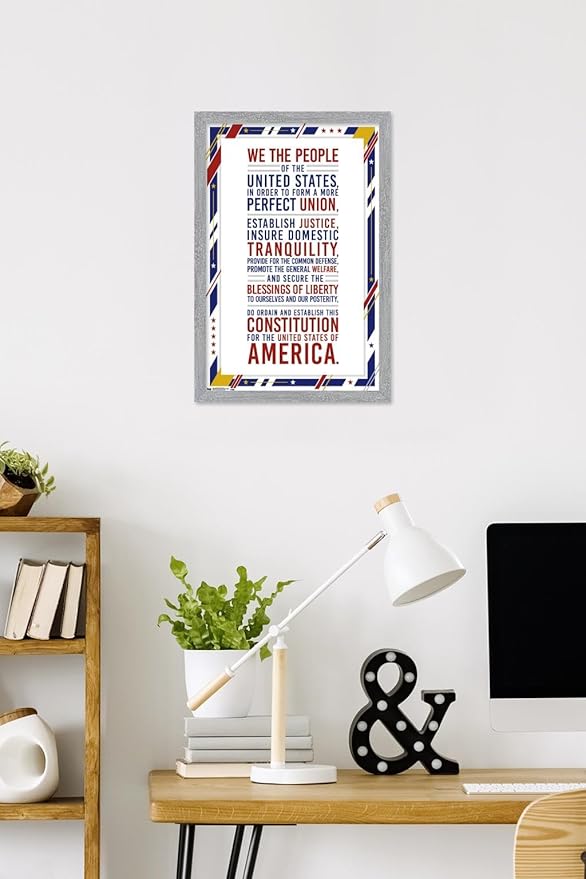 The United States Of America - Constitution Preamble Wall Poster, 22.4L" x 14.7W", Gray Framed Version