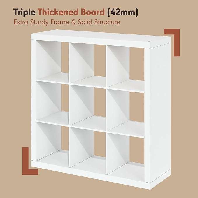Furinno Cubicle Record Player Stand with Vinyl Storage, 9-Cube Vinyl Record Storage, 1.65" Triple Thick Open Back Media Shelf for CD DVD Blueray Game Disc, for Living Room, Home Office, White