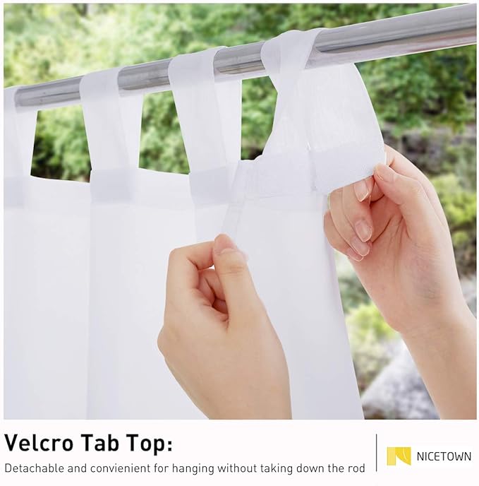 NICETOWN 2 Panels Outdoor Patio Curtains Waterproof, Detachable Sticky Tab Top Indoor Outdoor Sheer Voile Drapes Airy & Elgant Easy Haning for Pergola, W54 x L96, White