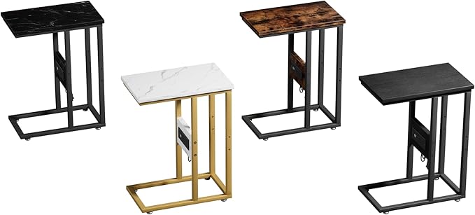 VECELO C Shaped End Table with Charging Station & Power Outlets, Quick Access Side Table for Sofa, C Bedside for Living Room Bedroom 2 Set,Gold