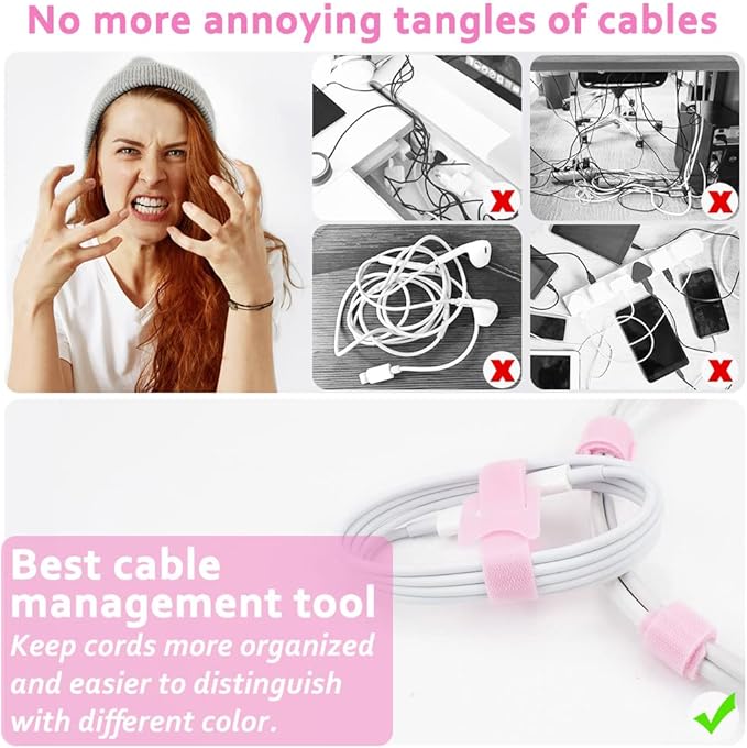 70pcs Cable Ties Reusable Pink Wire Ties Cable Management Cord Ties Reusable for Electronics Hook and Loop Cable Ties for Computer 4 6 8 Inch