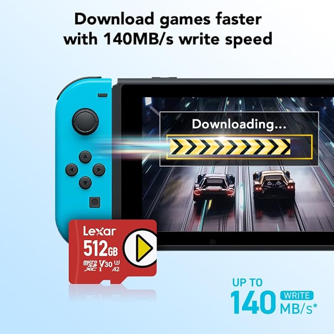 Lexar 512GB PLAY micro SD Card, UHS-I, C10, U3, V30, A2, Full HD, 4K, Up to 205/140 MB/s microSDXC Memory Card, Expanded Storage for Nintendo-Switch 1, Gaming, Smartphones, Tablets (LMSPLAY512G-BNSNU)