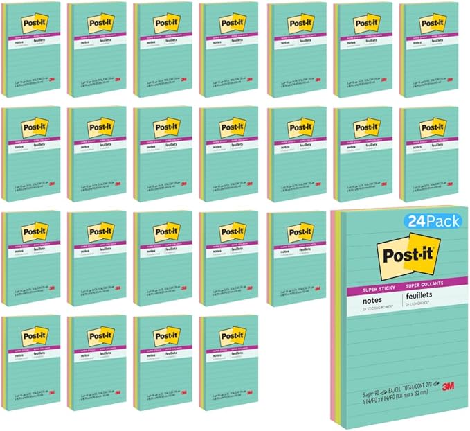 Post-it Super Sticky Notes 4645-3SSAN, 4 in x 6 in (101 mm x 152 mm), Supernova Neons Collection, Lined, 3 Pads/Pack - (24 Pack)