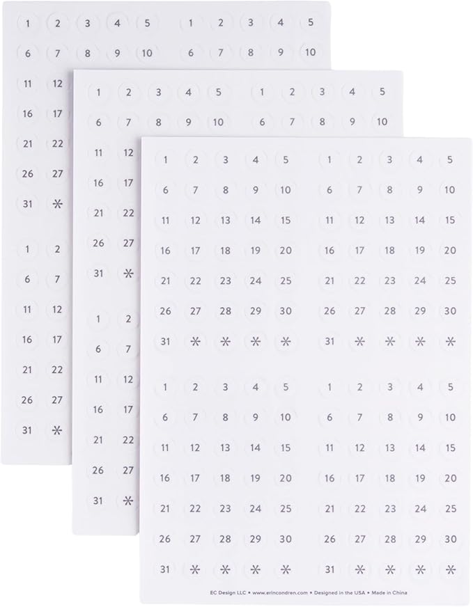 Erin Condren Colorful Calendar Date Dots, 12 Sheets of Grey and White Number Stickers for Undated Planners and Calendars, Monthly Date Dot Stickers for Easy Scheduling and Planning