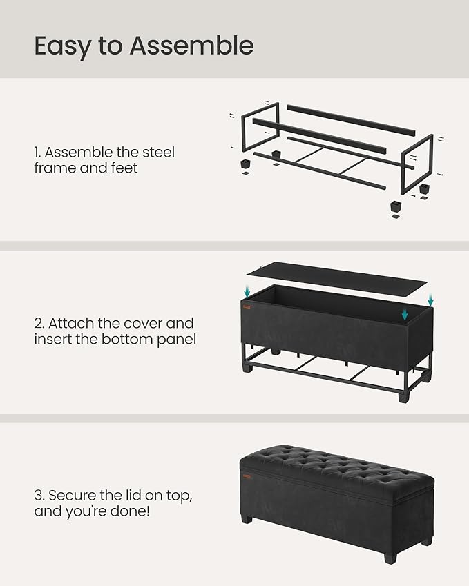 SONGMICS Velvet Storage Ottoman Bench, Foot Rest with Legs, 15.7 x 43 x 15.7 Inches, End of Bed Bench, Storage Chest, Load up to 660 lb, for Living Room, Bedroom, Entryway, Ink Black ULSF089B02