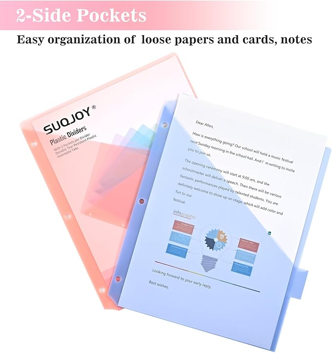 8-Tab Dividers for 3 Ring Binder, 24 Count Binder Dividers with Pockets, Subject Dividers, 3-Hole Plastics Sheets Protectors for US Letter Size in 0.5", 1",2" Binders, Pastel 8 Color, 3 Packs