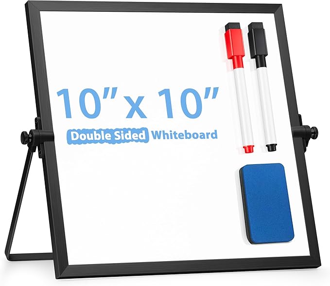 ARCOBIS Small WhiteBoard with Stand 10" X 10", Magnetic Double-Sided Dry Erase White Board Easel for Desk Students Home Office,Black