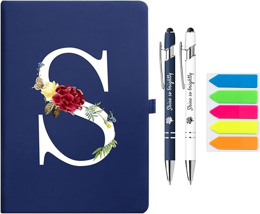 Premium Hardcover Executive Notebook and Pen Set - A5 Journal Notebook 192 Line Pages, 2 Smooth-Writing Ballpoint Pens, Arrow Sticky Notes - For Office School Supplies Letter S Floral Design DeepBlue