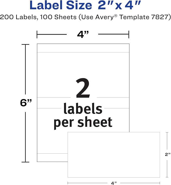 Avery Printable All-Purpose Removable Labels, 2" x 4", Customizable Blank White Labels, Write or Print, Great for Organization Projects, 2 Packs, 200 Total (7827)