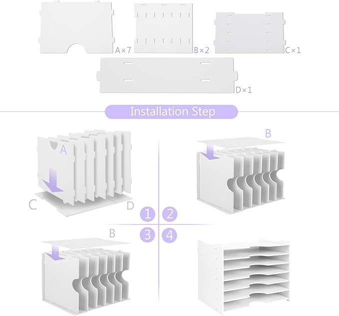 Paper Organizer Storage for Desk, 7 Tier Wide Construction File Organizer Paper Sorter, Desktop Document Storage Holder for Home Office School, White