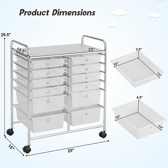 COSTWAY 12-Drawer Rolling Storage Cart, Moveable Art Craft Organizer W/Lockable Wheels, Metal Shelf, Files Arrangement Tools Makeup Storage Cart for Office, Home, School (Clear)