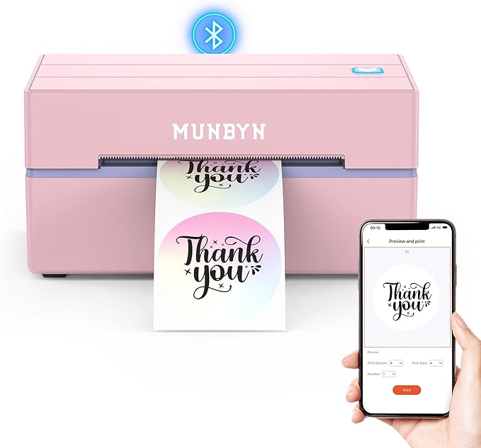 MUNBYN 130B Bluetooth Thermal Label Printer+Thermal Direct Shipping Label (Pack of 500 4x6 Fan-Fold Labels)+Shipping Scale, Accurate 66lb/0.1oz Postal Scale with Sweet Pink Style