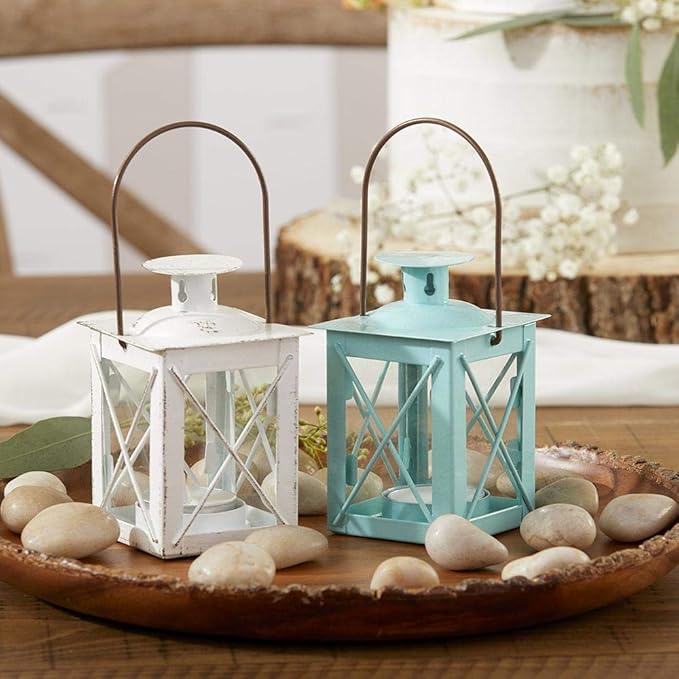 Kate Aspen Decorative Lanterns - Set of 12 - Luminous Metal Lantern Tealight Candle Holders for Wedding, Home Decor and Party - 4.5" H (6.5" H with Handle) – Blue
