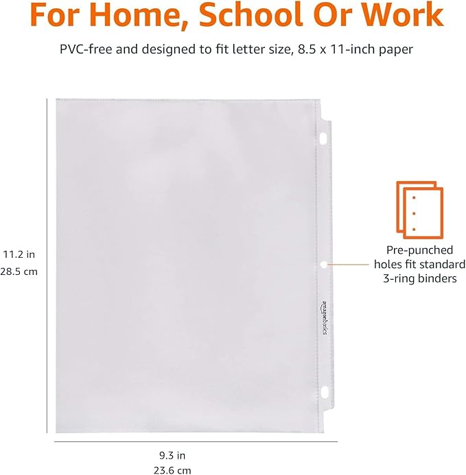 Amazon Basics Sheet Protectors for 3 Ring Binder, Heavyweight, Polypropylene, Top Loading, Letter Size, 8.5 x 11 Inch, 200-Pack, Clear