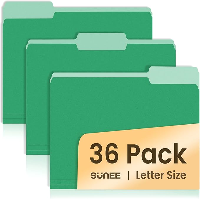 SUNEE File Folders, 36 Pack Manilla Folders 8.5 x 11, Colored File Folders Home Office School Supplies for Documents Files Paper, Green