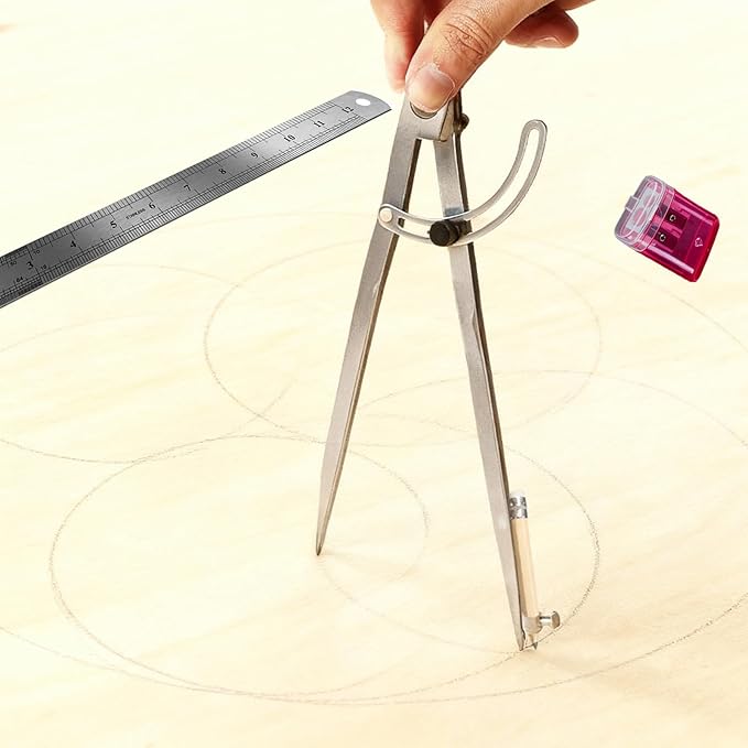 Compass Geometry Tool Set – 12 Inch Drafting Compass with Wing, 6 Inch Protractor, 12 Inch Metal Ruler & Pencils – Precision Drawing Compass for Geometry, Woodworking, Carpenters, Students