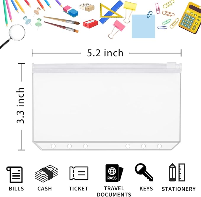 30pcs A7 Mini Binder Pocket Clear Budget Planner Inserts Zipper Pouch Bulk Binder Organizer Cash Envelopes for Budgeting Waterproof PVC Loose Leaf Bags Card Sleeves for 6 Ring Notebook