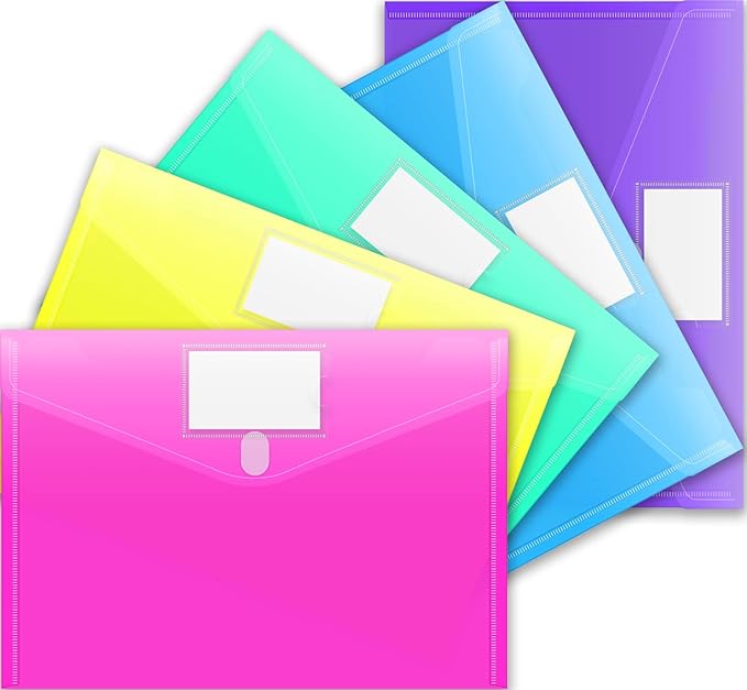 Sooez 5 Pack File Folders, Clear Poly Envelopes Plastic Folders, Folder for Documents Letter A4 Size with Label Pocket, Teacher School Office Supplies Organization Storage, Assorted Color