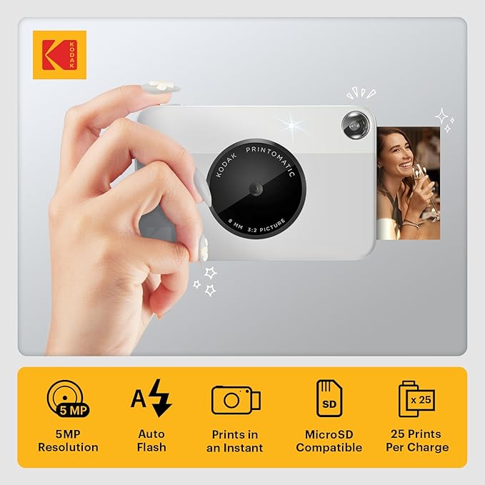 KODAK Printomatic Full-Color Instant Print Digital Camera Colorful Photos On Zink 2x3" Sticky-Back Photo Paper 5MP Gift Bundle: Case + Zink 2x3" 20pk + Album + Stickers + Frames + Markers - Grey