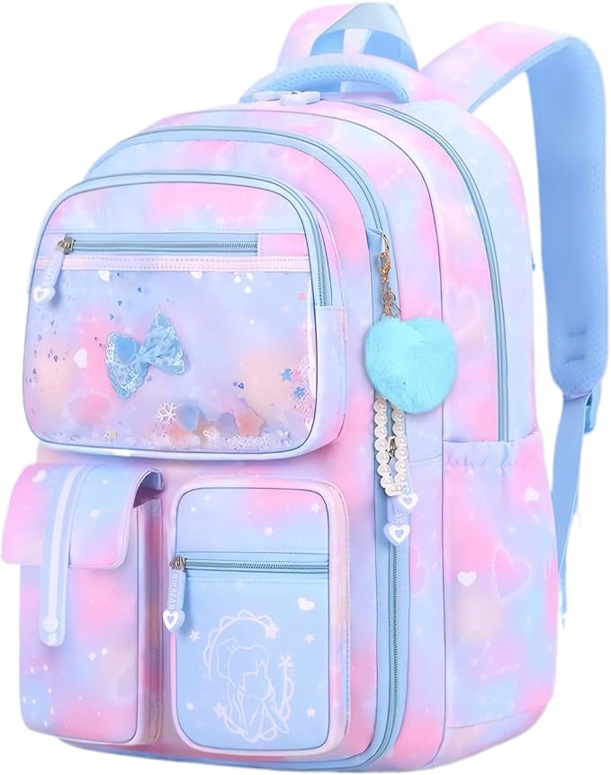 Backpack for Girls Cute Bow Kids Backpack for Elementary School Students Bookbag Middle School Bags for Girls Travel Back Pack, Dreamy Blue