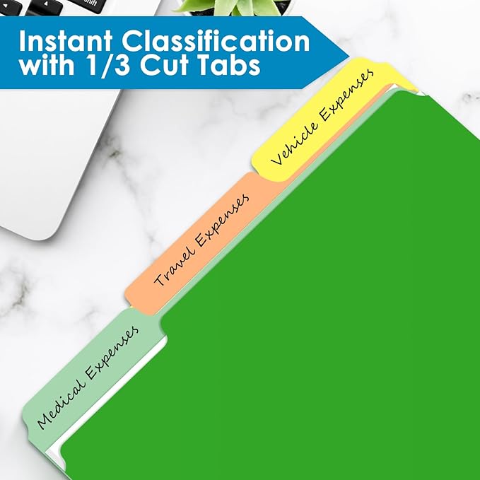 120 Pack Two Tone Color File Folders 8.5 x 11 Inch，1/3 Cut Tab File Folder Letter Size, Assorted Colors, Blue Red Green Yellow Orange Manila File Folder, School Business Office Folders for Document
