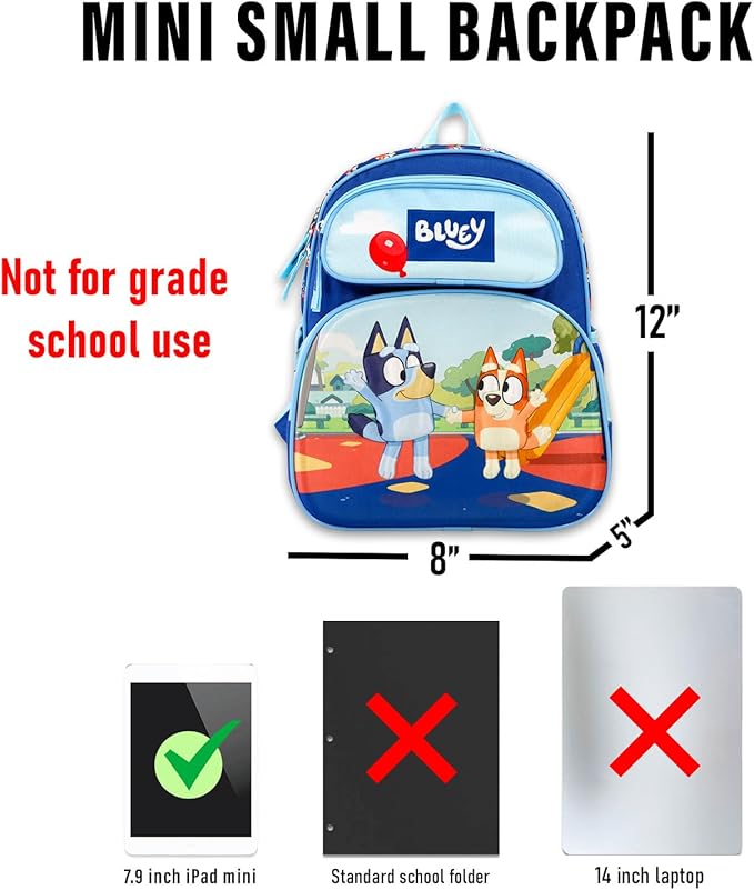 Bluey Mini Backpack with Lunch Box Set - Bundle with 12" Mini Backpack, Lunch Bag, Stickers, Water Bottle, More | Toddler Bluey School Bag and Lunchbox